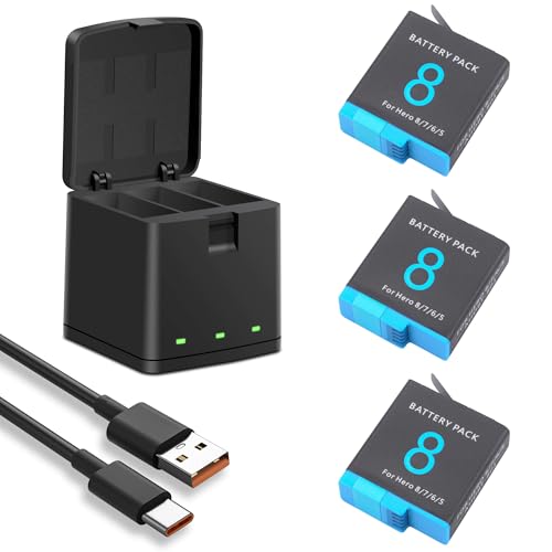 1500mAh 3Pack Battery for Hero 8/7/6/5 Black Official and 3-Channel Charger