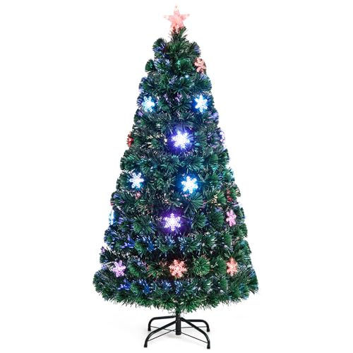 Goplus 5ft Pre-Lit Fiber Optic Christmas Tree, Artificial Xmas Full Tree with Colorful Snowflake LED Lights, 170 Branch Tips, Foldable Metal Base, for Office Home Holiday Decor