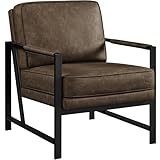 Yaheetech PU Leather Armchair, Retro Leisure Accent Chair with Extra Soft Padded and Cushion, Modern Reading Arm Chair with Black Metal Frame for Living Room/Office/Bedroom/Study, Brown