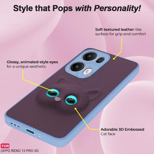 Image of AESTMO Back Case Cover for Oppo Reno 13 Pro 5G Back Cover | 3D Cat Cover | Leather Finish | Full Body Protection | Camera Protection Back Cover for Oppo Reno 13 Pro 5G (Purple)