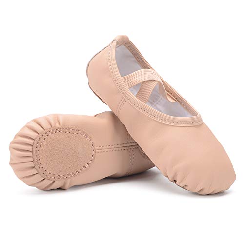 Ambershine Full Sole Leather Ballet Shoes for Girls/Toddlers/Kids,Leather Ballet Slippers/Dance Shoes Nude