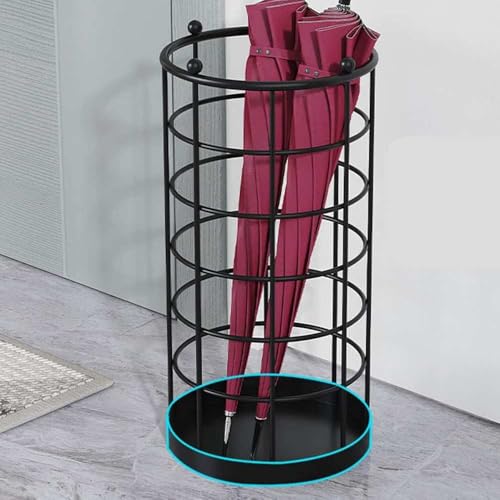 Image of Round Metal Umbrella Stand, Black, 25 x 50 CM | Bottom Drip Tray, Entryway Storage Holder