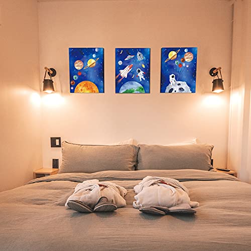 Image of CHDITB Framed Outer Space Art Prints Cartoon Watercolor Planet Wall Art Set of 3 Pieces (11.8x15.6inch), Universe Theme Canvas Painting, Spaceship, Astronaut For Kids Room Nursery Decor-Ready to Hang