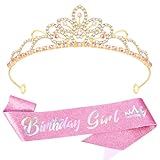 Atoden Birthday Crown Birthday Girl Sash Crystal Tiaras and Crowns for Women Girls Pink Rhinestone Tiara Queen Crown Happy Birthday Headband Princess Birthday Party Decorations Accessories for Wedding