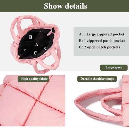 OWGSEE Puffer Tote Bag, Weiche Puffy Taschen für Frauen Leichte Winter Daunen Baumwolle Gepolsterte Gesteppte Tragetasche Schulter Handtasche Geldbörse, Weiss/opulenter Garten, Medium