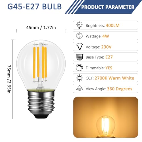 Caldarax 4 Pack 4W E27 LED G45 Filament Golf Ball Bulb Dimmable, Warm White 2700K, 40W Equivalent, Large Edison Screw, 400lm - Image 2
