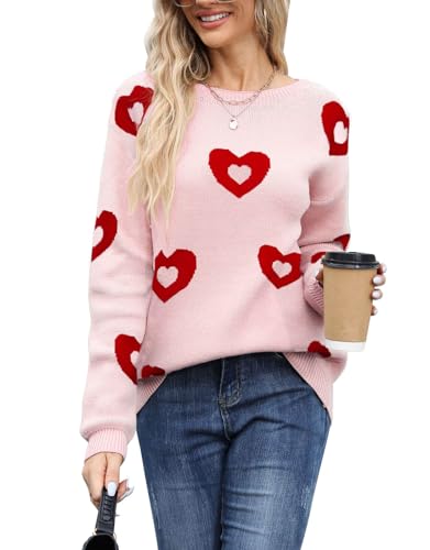 Image of Womens Cute Heart Sweater Crew Neck Long Sleeve Pullover Valentines Sweater