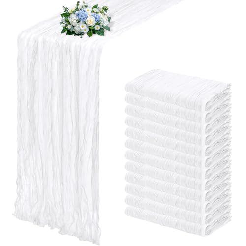RealBox 12 Pack White Cheesecloth Table Runner 17x108 Inch Semi Sheer Boho Gauze Cheese Cloth Fabric Table Runners for Wedding Party Baby Shower Birthday Home Decor Garden Farmhouse