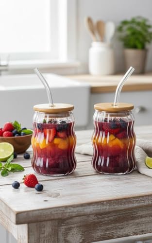 Image of Wave Shape Stripped Glass Coffee Tumbler (Pack of 2) with Wooden Lid and Straw, 550 ml, Transparent | Glass Tumbler for Coffee, ice Tea, Milk Shakes, Smoothies and Other Beverages
