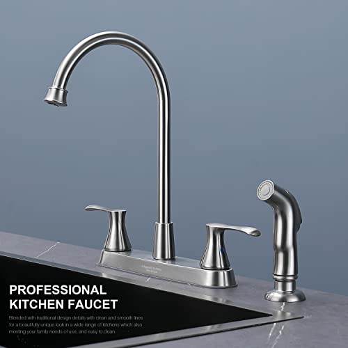 Kirlystone Kitchen Faucet With Side Sprayer, Brushed Nickel 2-Handle Faucet For 4 Holes Kitchen Sink #TOP1