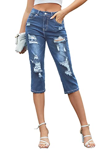 Metietila Women's Mid-Rise Capri Jeans Ripped Stretch Jean Capris Denim Pants, Bright Cobalt, Medium