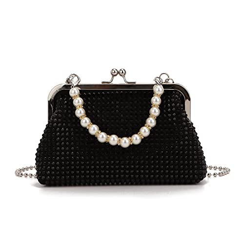 SUKUTU Women Luxury Full Rhinestone Shoulder Bag Noble Kiss Lock Crystal Messenger Bag Clutch Handbag with Pearl Beaded Chain