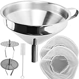 LeonBach 6 Pcs 5' 304 Stainless Steel Funnel Set, Stainless Steel Strainer and 100 Mesh Filter Strainer and Cleaning Brush, Oil Strainer Funnel Kitchen Funnel for Bottles