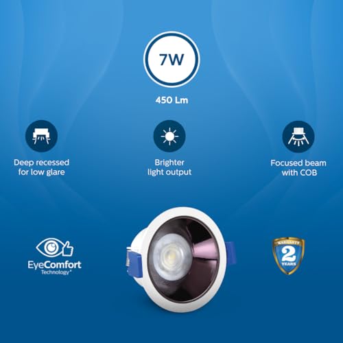 Image of Philips 7 Watt Black Reflector LED Ceiling COB Round Spot Light with Focused Beam | Cut Out: 75mm | Cool Day Light, Pack of 24 (Deco Bright)