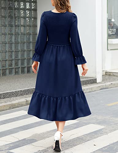 Muadress Women's 2023 Casual Long Sleeve V-Neck Elastic Waist Smocked Flowy Tiered Midi Dress Navy S #TOP1