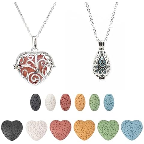 2PCS Aromatherapy Essential Oil Diffuser Necklace Love Heart and Hollow Ball Locket Pendant Necklace with Lava Bead Stone for Women Cover