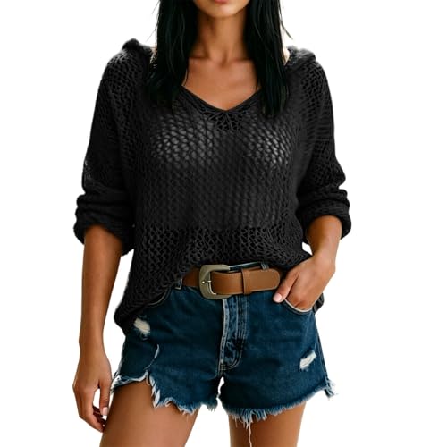Suéter de Verano de Manga Larga con Capucha para Mujer, Salida de Playa, Casual, de Ganchillo, Hueco, suéter de Punto