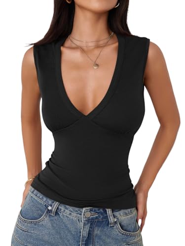 Imily Bela Women's Sexy Plunge Deep V Neck Going Out Tank Top Summer Sleeveless Slim Fitted Workout Tops