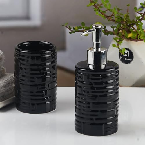 Image of Kookee Ceramic Bathroom Set - Stylish 2 Piece Bath Accessories Kit with Soap Dispenser, Toothbrush Holder - Modern & Designer Decor for Home & Guest Bathrooms, Black (11115)