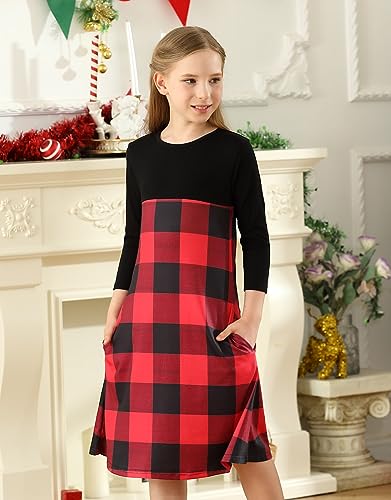 KYMIDY Girls Buffalo Check Plaid Dress Kids 3/4 Sleeve Casual Midi Dresses with Pockets for Girls 6-14 Years4