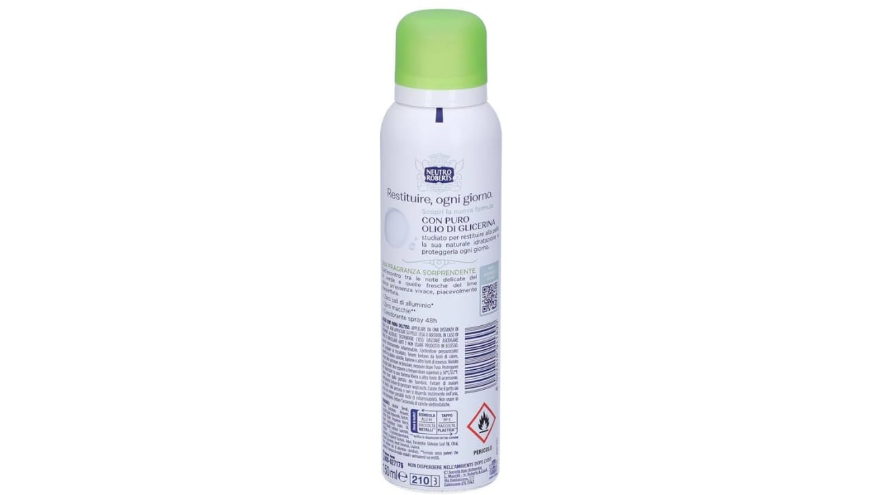 Neutro Roberts - 12 deodoranti spray Fresco, tè verde e lime, 0% sali di alluminio, protezione 48h, 150 ml, + portachiavi Italy Shop Service in omaggio