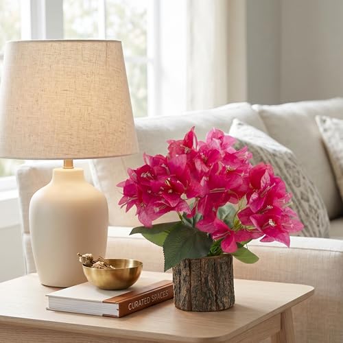 Image of Dekorly Artificial Bougainvillea Flower with Real Wooden Vase (28CM Overall Height) | Decorative Lifelike Faux Floral Plant in Rustic Tree Log Pot for Living Room(Bougainvillea)