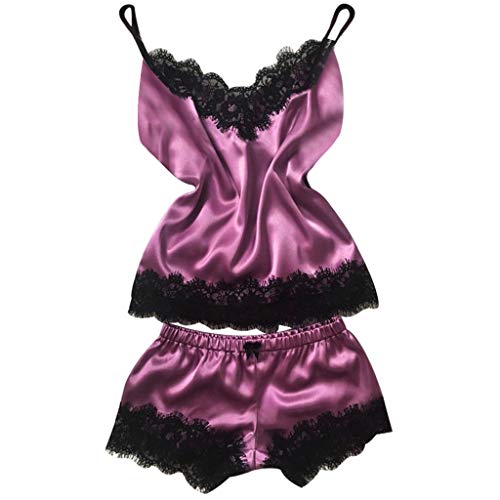 CofeeMO Women's Plus Size Sexy Lingerie Pure Color Silk Underwear Sling Lace Pajamas Set Sleep for Sex Naughty Play Hot Pink
