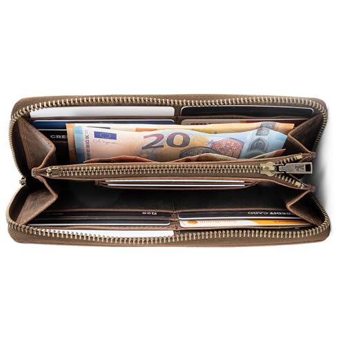 BERLINER BAGS Vintage Genuine Leather Wallet Palma, RFID Blocking Credit Card Holder, Slim Womens Wallet, Zip Around Wallet for 14 Cards, Bills, Coins, ID Window - Brown3