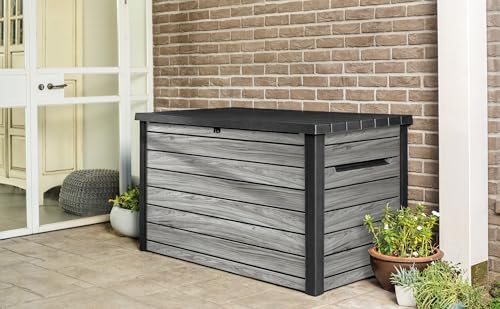 Keter Ontario Auflagenbox/Kissenbox 870 Liter | 100% Wasserdicht mit Belüftung dadurch kein übler Geruch/Schimmel Moderne Holzoptik | Deckel mit Gasdruckfedern