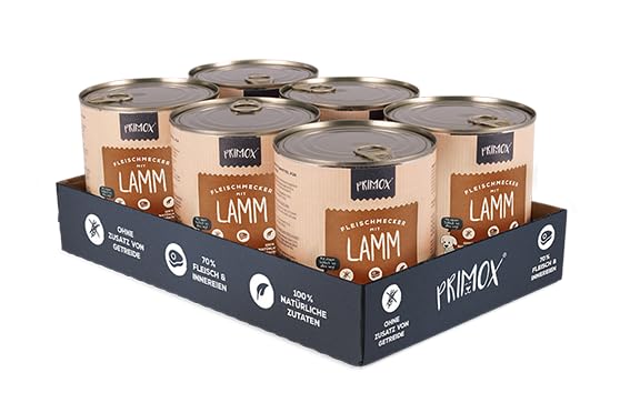 PRIMOX® Fleischmecker Hunde-Nassfutter | Getreidefrei | 70% Fleisch & Innereien | Made in Germany & 100% Natürlich | Omega-3 für Haut & Fell | Gluten- & Laktosefrei (Lamm, 6x800 g)
