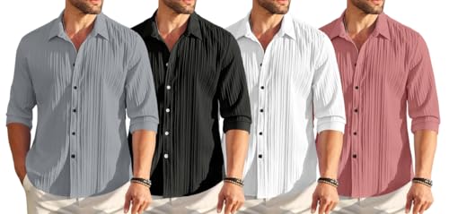 Image of FINIVO FASHION Combo of Men's Casual Cotton Plain Button Down Shirt Long Sleeve Textured Summer Beach Shirt for Men Pack of 4