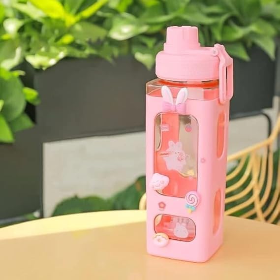 Image of Openja Kawaii Water Bottle with Straw Cute Large Water Bottles with Kawaii Stickers Aesthetic Leakproof Square Drinking Bottle.700ML (Pink) Plastic