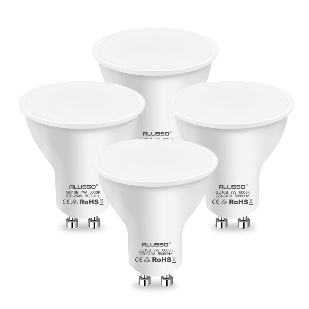ALUSSO 7W GU10 LED Lampe, Kaltweiß 6000K LED Leuchtmittle 630 Lumen, Nicht Dimmbar, 120 Grad Abstrahlwinkel, Energiesparlampe Geeignet für Wohnzimmer, Flur, Küche, Büro, 4 Stück