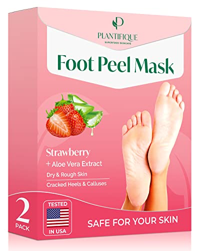 Image of PLANTIFIQUE Foot Peeling Mask 2 Pack | Dermatologically Tested Repairs Heels & Removes Dry Dead Skin for Baby Soft Feet | Exfoliating Foot Peel Mask for Dry Cracked Feet | Strawberry