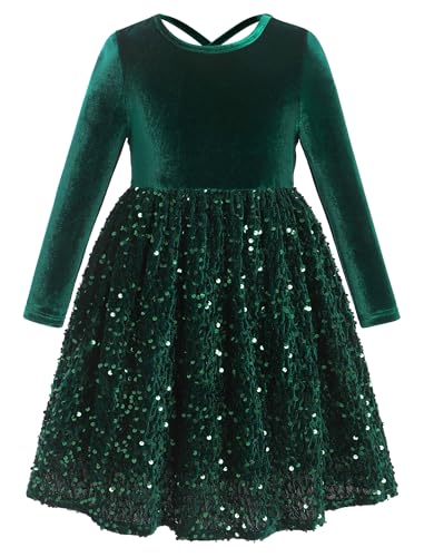 IDOPIP Sequin Velvet Dress for Girls Toddler Baby Long Sleeve Fall Dresses Princess Christmas Birthday Party Sparkly Dresses