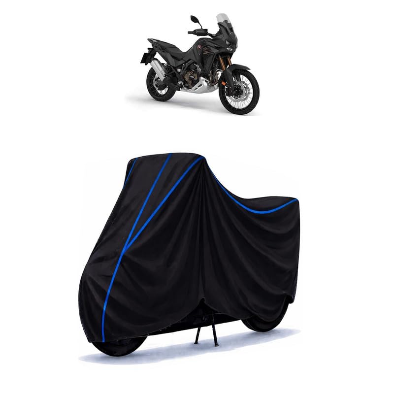 Image of CRF1000L Africa Bike Cover Water Resistant Universal Motorcycle Rain | Heavy Duty UV Protection, Dust, Scratch Indoor Outdoor All Weather with Black Blue Piping Elastic