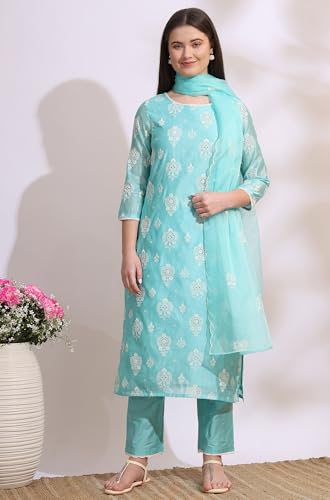 Image of W for Woman Embroidered Lace Cotton Blend Straight Kurta & Straight pant Set