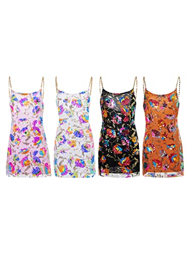 Lovsmile Women 'S Chain Strap Sequin Party Dress Casual Glitter Sparkling V-Neck Dress Backless A-Line Short Dress (Pink, M) #TOP6