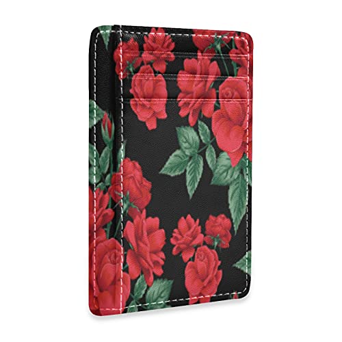 susiyo Beautiful Red Rose Flowers Pattern Black Slim Minimalist Wallets Rfid Blocking Card Wallets PU Leather Front Pocket Wallets for Men and Women