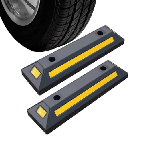 RELIANCER 2PCS Rubber Parking Guide Tire Blocks,Garage Wheel Stoppers Blocks w/Reflective Stripes,Park Assist Rubber Curb Guide,Parking Lot Tire Stops,Car Park Wheel Chocks for Truck RV Trailer SUV