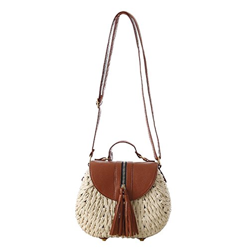 Kitabetty Sac en Paille Fait À La Main, Sac De Paille Messenger Sac Bandoulière À Pampille Sac À Bandoulière Rond À Bandoulière en Gland Tassel Cover