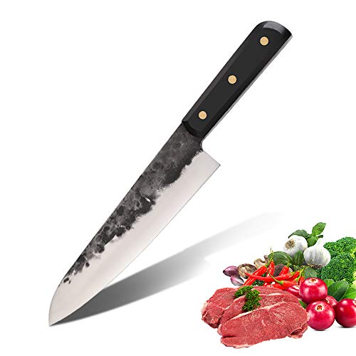 DENGJIA Santoku Knife 8 Inch Chef Knife 5Cr15Mov Stainless Steel Chef's Knife Full Tang Carbonized Wood Handle Kitchen Knife Razor Sharp Blade with Double Bevel Edge for Slicing, Dicing&Chopping