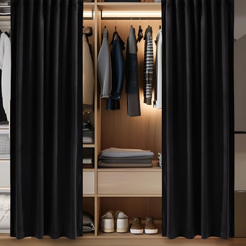 Image of Black Velvet Curtain for Sliding Door Covering Back Tab Blackout Thermal Insulated Doorway Curtain Luxury Home Decoration for Living Dining Room Bedroom Closet, W62 x L80, 1 Panel