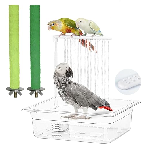 Image of Parrot Bathtub Automatic Bath Shower Bird Bath for Cage with 180 Circulating Faucet Double Row Holes Contains USB and Power Plug for Medium Birds with 2 Wood Bird Cage Perch