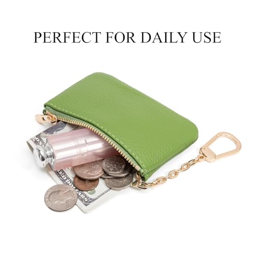 Image of Full Grain Leather Coin Purse with Key Chain - Small Change Purse Keychain Card Holder Keychain Pouch Small Keychain Wallet for Women and Men (Grass Green)