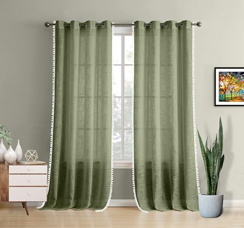 Image of THE LINEN COMPANY Cotton Sheer Grommet Curtains with Side Border Pompom Sheer Curtain for Window Linen Textured, Light Filtering, Pack of 2 (Avocado Green, 5 Feet)