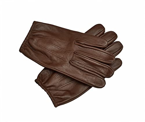 Men's Genuine Leather Police Gloves, Made With Original Sheep Skin Leather (Brown, Large)