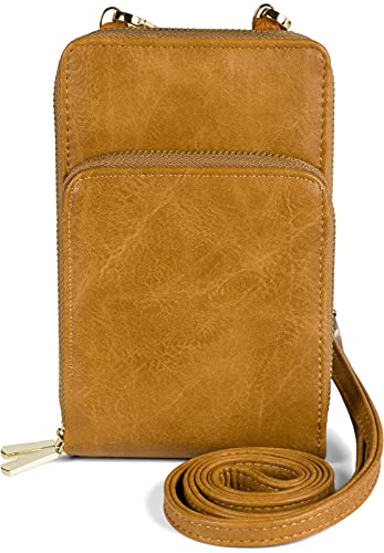 styleBREAKER Damen Mini Bag Umhängetasche mit RFID Schutz, Handytasche, 2 Reißverschluss Fächer, Schultertasche 02012376, Farbe:Cognac Cover