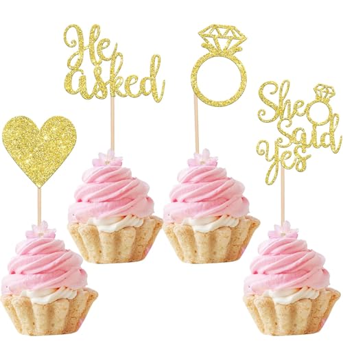 SYKYCTCY 24 Pack He Asked She Said Yes Cupcake Toppers Gold Glitter Heart Ring Wedding Engagement Cupcake Picks Bridal Shower Bachelorette Party Cake Decorations Supplies