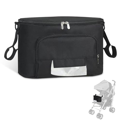 Universal Barnvagn Organizer, Inbyggd Wipe Dispenser-ficka Stor Kapacitet Med Flaskhållare Flera Fickor Barnvagnsväska(Svart)